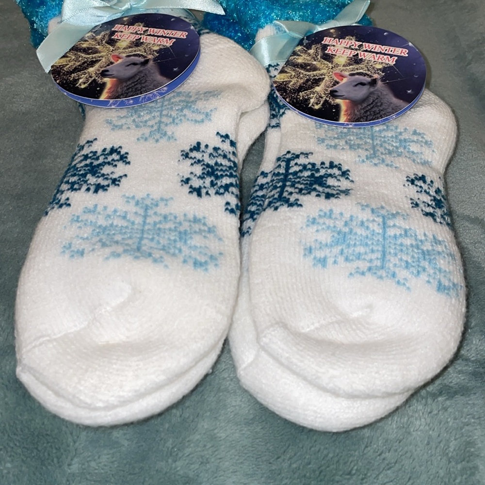 NWT 2 pair of Blue & White Fuzzy Socks with Snowflake Design. - Picture 2 of 4